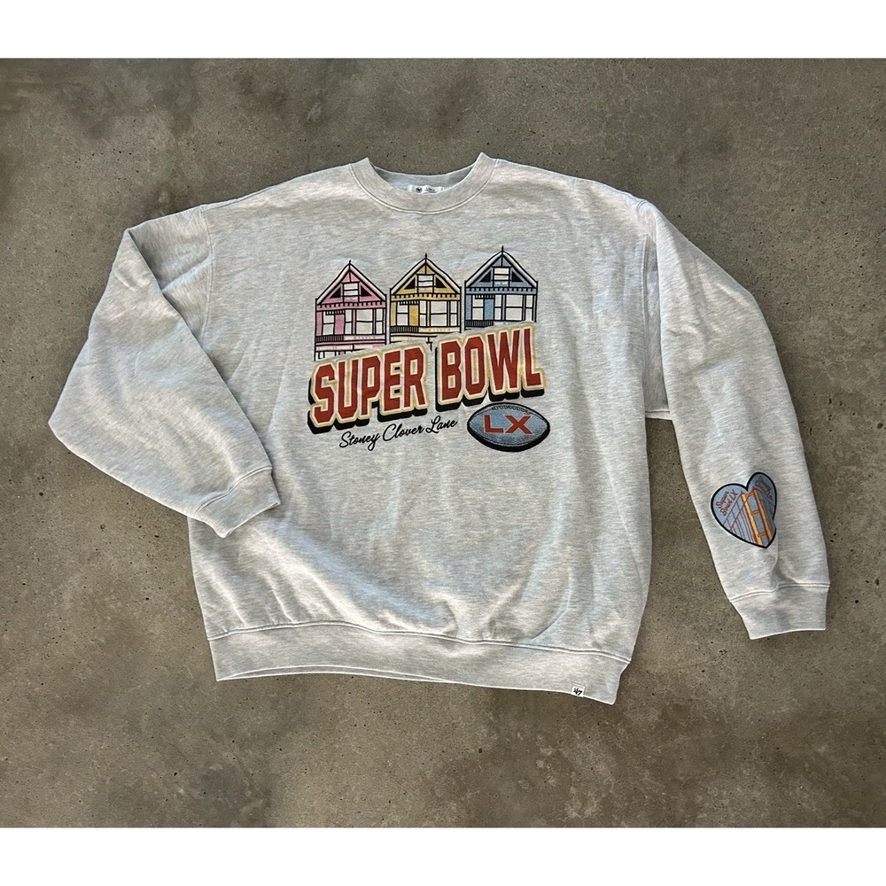 Stoney Clover Lane 47 Super Bowl LX Houses Gray Oversized Crewneck Sweatshirt L